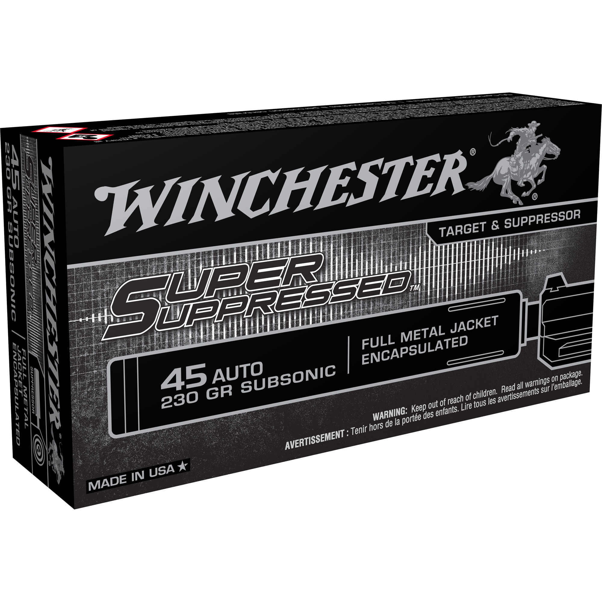 Winchester Ammo SUP45 Super Suppressed 45ACP Subsonic 230gr Encapsulated Full Metal Jacket 50 Per Box