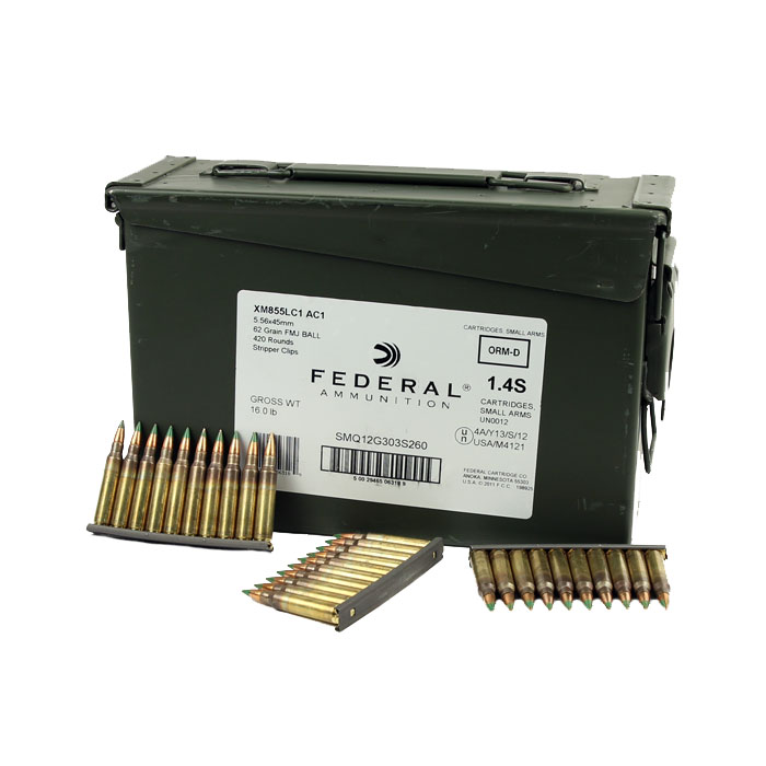 Federal M855 5.56 62GR. FMJ Penetrator Green Tip on Stripper Clips - 420 Round Case