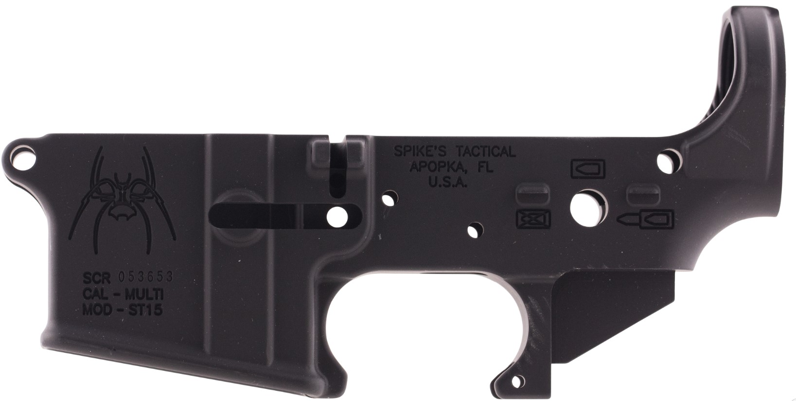 Spikes STLS019 Spider Stripped Lower Receiver with Billet Markings Multi-Caliber 7075-T6 Aluminum Black Anodized for AR-15