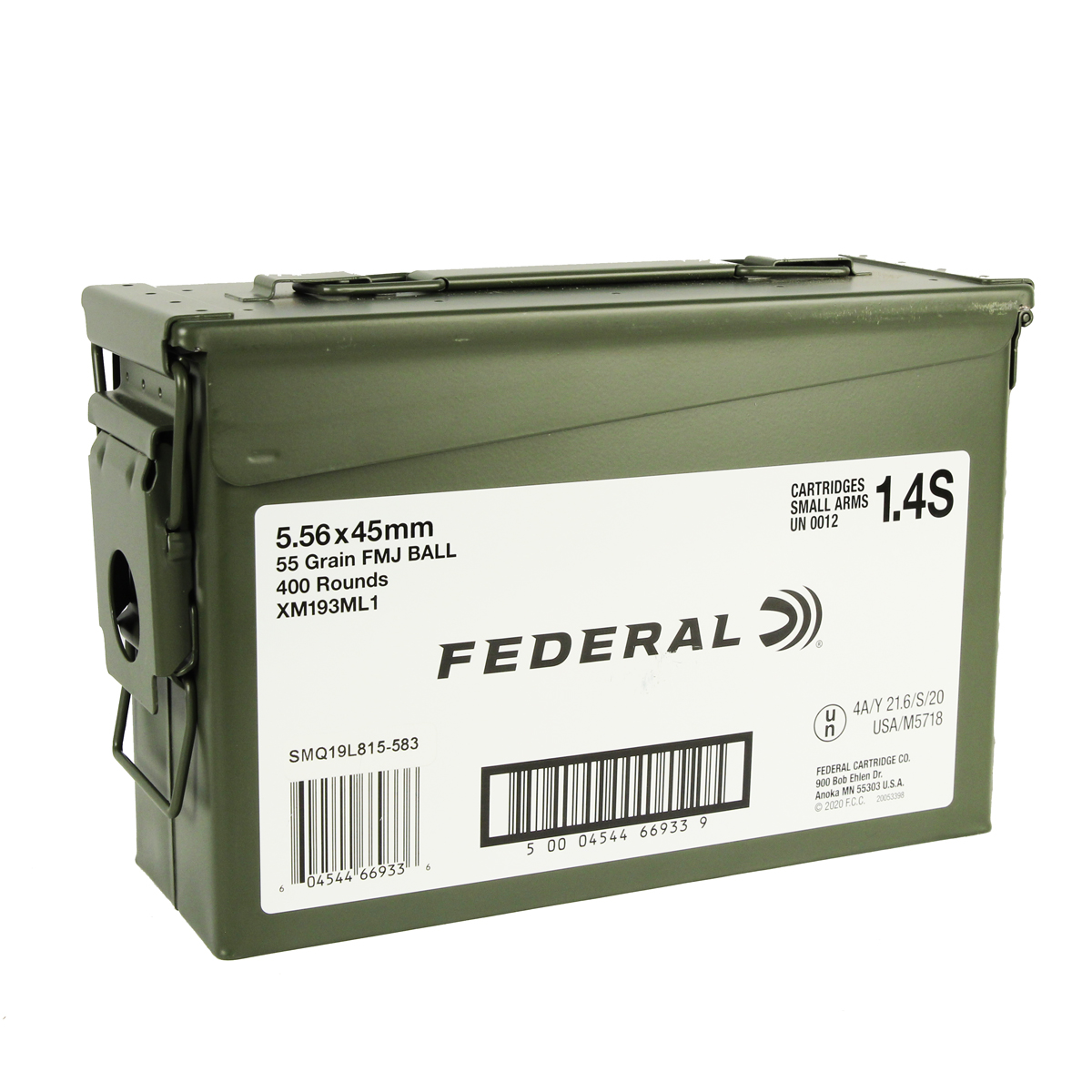 Federal Lake City XM193 5.56 NATO 55GR. FMJ - 400 Round Can